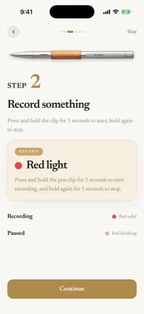 Step two: record something. A red light means the pen is recording