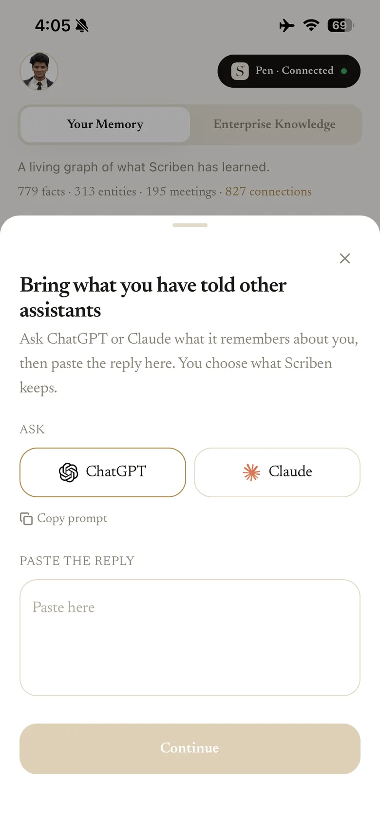 The import screen for pasting what ChatGPT or Claude already remembers about you