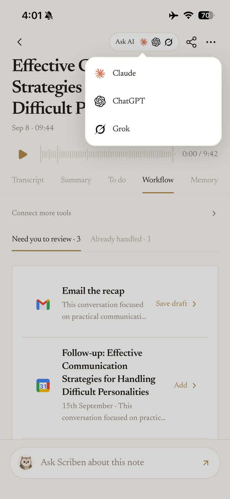A note with the assistant picker open, offering Claude, ChatGPT and Grok