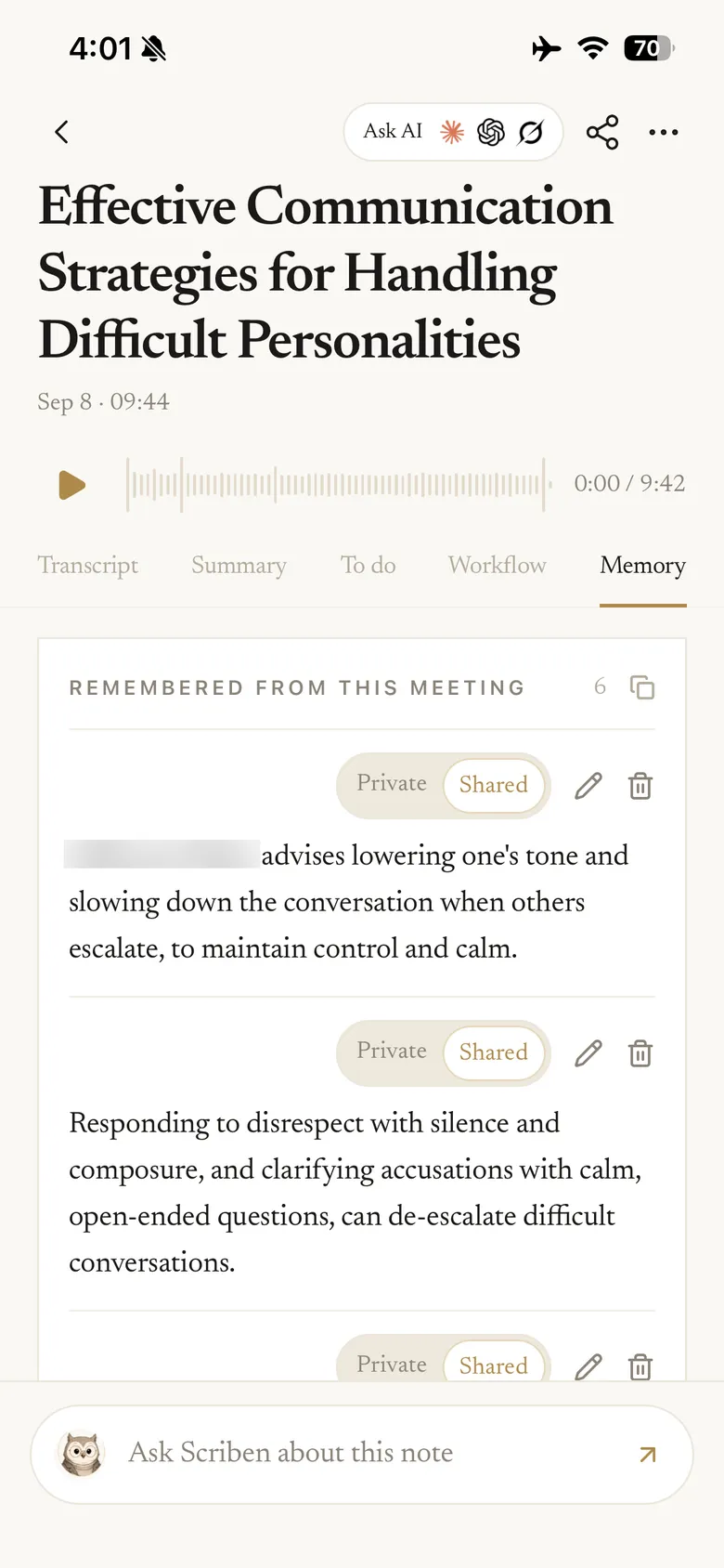 The Memory tab of a note, each remembered fact marked private or shared