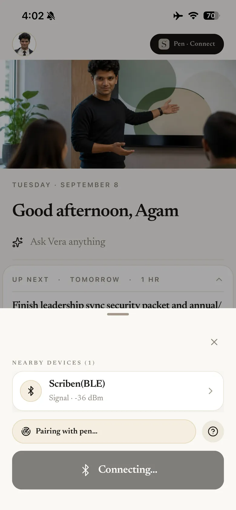 The home screen with the Nearby Devices sheet open, showing Scriben (BLE) at minus 36 decibels and Pairing with pen