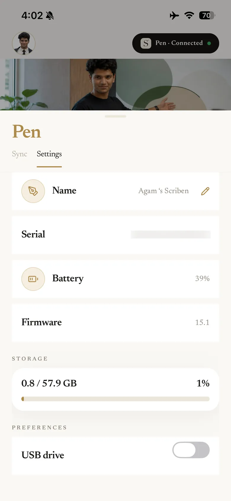 The pen detail screen showing name, serial, battery, firmware and storage used