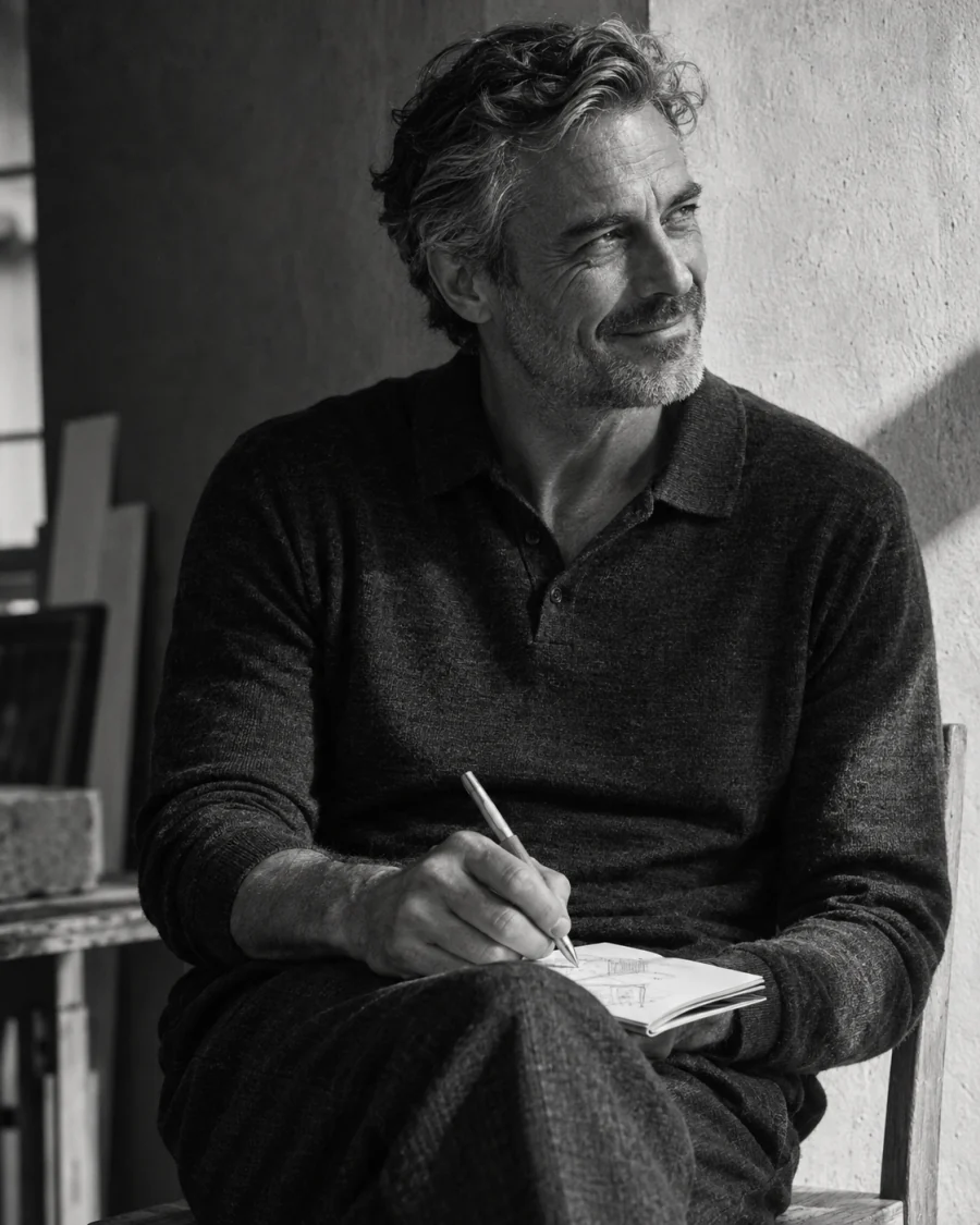 A man writing in a notebook against a plaster wall, the pen in his hand
