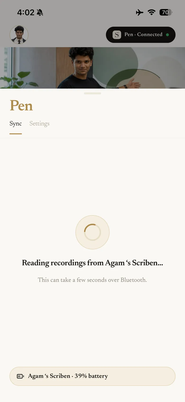 The Pen screen reading recordings off the pen over Bluetooth, with the battery at 39 percent