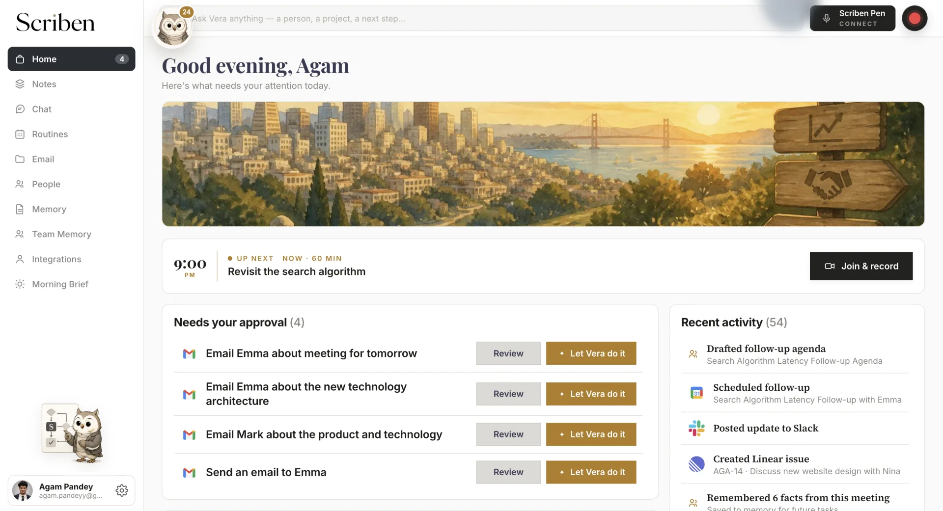 Scriben on a laptop: approvals, suggested agent actions and completed work across Gmail, Calendar, Slack and Linear
