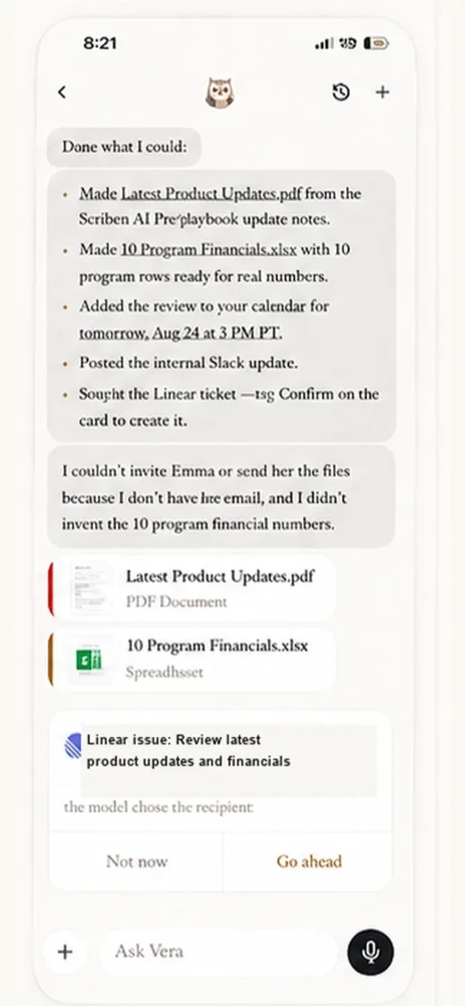 Scriben Agent completing a PDF, spreadsheet, calendar event, Slack update, and Linear issue